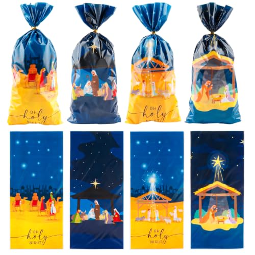 LERCTH Eid Mubarak Cellophane Treat Bags, 4 Designs Holy Night Plastic Candy Bags with Twist Ties for Religious Holiday Celebrations Party Favors - color: Holy Night Bags 50 packs
