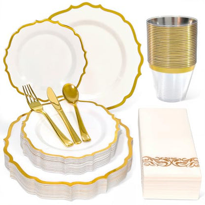 Glowserve 175 Piece Disposable Plastic Plates Dinnerware Set for 25 Guests - color: Gold