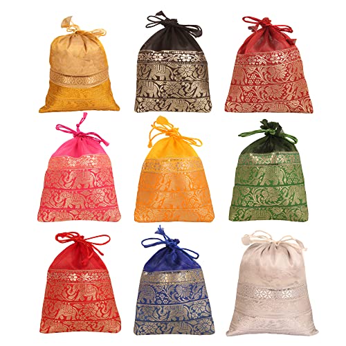 Touchstone Drawstring Bags Indian Handcrafted Pouches Potli for Gifts - color: Elephant_Multicolor (Pack of 9), size: 9x7 inches