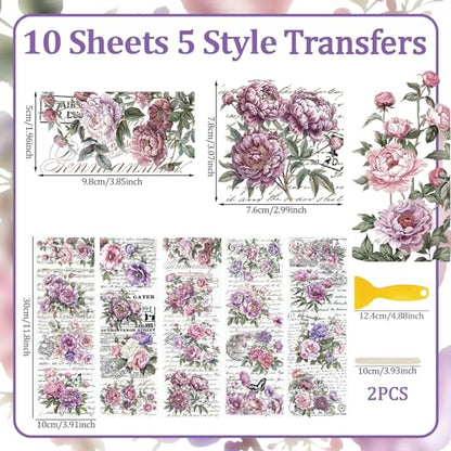 WANDIC 10 Sheets Rub On Transfer Sticker, Lavender Purple Flower Stickers for DIY Scrapbooking Photo Albums Furniture,11.8 * 3.9in - color: Lavender
