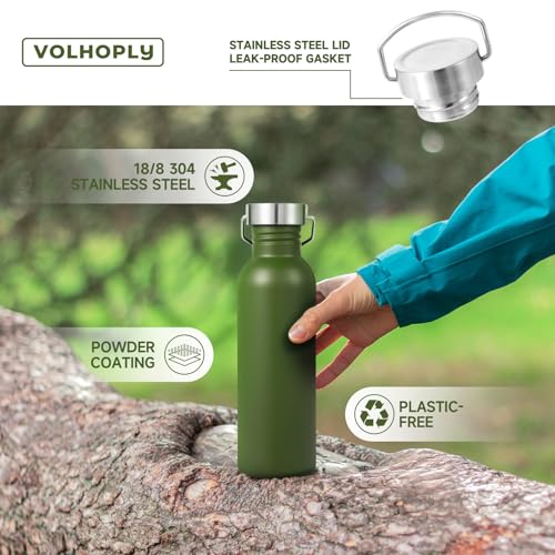 Volhoply 26oz Uninsulated Single Walled Water Bottle, Stainless Steel Reusable Water Bottles with Handle & Carabiner, BPA Free Wide Mouth Water Bottles for Gym Sports Camping（Army Green,1） - color: Army Green