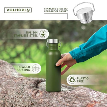 Volhoply 26oz Uninsulated Single Walled Water Bottle, Stainless Steel Reusable Water Bottles with Handle & Carabiner, BPA Free Wide Mouth Water Bottles for Gym Sports Camping（Army Green,1） - color: Army Green