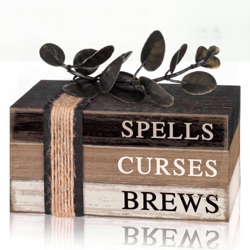 4 Pcs Halloween Table Decorations Halloween Tiered Tray Decorations Rustic Mini Eucalyptus Leaf Coffee Wooden Faux Books Stacks Centerpiece Signs for Farmhouse Office Shelf Tabletop Office Bookshelf - style: Eucalyptus Leaf