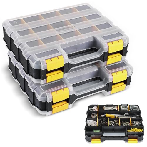 NATGAI 2 Pack Small Parts Organizers, 34-Compartments Double-Sided Tool Box with Removable Dividers for Hardware, Screws, Bolts, Nails & Fishing Accessories, Durable Plastic Storage Case (Yellow) - color: Yellow