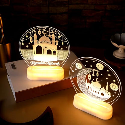 2 Pcs Ramadan Decorations Lights for Home Eid Mubarak Table Decor LED Ramadan Night Lights Crescent Moon Castle Lantern Centerpiece for Home Islamic Mosque Muslims Crafts Table Decor Eid Gifts(Lovely) - style: Lovely