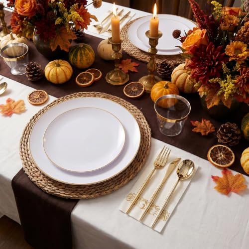 MirthMood 210Pcs Disposable Plastic Plates Set, Gold and White Plastic Party Plates, Includes:30 Dinner Plates, 30 Dessert Dinnerware, 30 Cups, 30 Napkin Cutlery for Spring Wedding,Birthday Party - color: White, size: 210