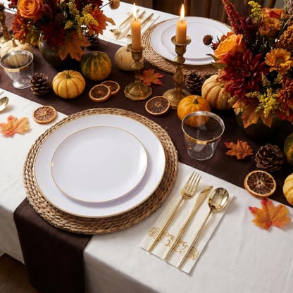MirthMood 210Pcs Disposable Plastic Plates Set, Gold and White Plastic Party Plates, Includes:30 Dinner Plates, 30 Dessert Dinnerware, 30 Cups, 30 Napkin Cutlery for Spring Wedding,Birthday Party - color: White, size: 210