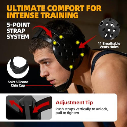 Wrestling Protective Gear Set for Youth & Adults – Adjustable Headgear with Knee Pads, 11 Hole Design for Breathable and Shock-Absorbent, Includes Carry Bag for Convenience - size: Small