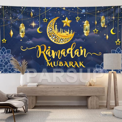 Ramadan Mubarak Banner, Large Fabric Muslim Ramadan Kareem Backdrop Decorations, Ramadan Sign Photo Booth Backdrop Background for Muslim Ramadan Party Supplies, 78 x 43INCH