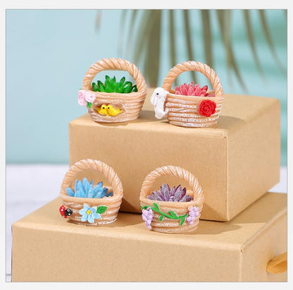 4 Pieces Mini Succulent Plant Resin Ornaments - Cute Car Dashboard Figurines Flower basket Set - Fairy Garden，Birthday Cakes Decoration，DIY Aquarium Moss Layout Desktop Landscape Accessories