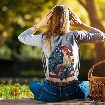 Rooster And American Flag Drawstring Backpack Canvas String Bag Lightweight Sports Gym Bag for Men Women - color: Color-2
