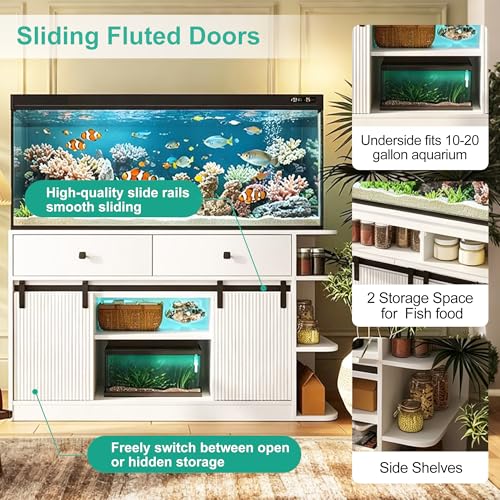 55-75 Gallon Aquarium Stand with Power Outlet & LED Light, Heavy Duty Fish Tank Stand with Sliding Barn Doors, Storage Cabinet for Turtle Tank & Reptile Terrarium, 1200LBS (White-2) - color: White-2