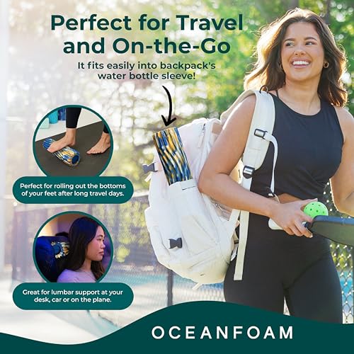 Oceanfoam Ripple Travel Foam Roller (11" x 3.35") Firm Mini Foam Roller for Physical Therapy, Deep Tissue Massage, Back Pain, High Density, Wave Textured, Yoga, Exercise (Royal Gold & Natural Marbled) - color: Royal, Gold & Natural Marbled