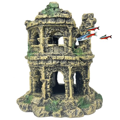 Fish Tank Decor - Antique Roman Column Ruin Decor for Aquarium, Hideout with European Castle Texture for Betta, Guppy, Shrimp - Safe Aquatic Decoration, Fish Hiding House（Cylinder） - color: Medium Colosseum Décor
