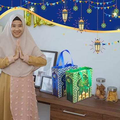 Clysee 12 Pcs Eid Mubarak Reusable Gift Bags with Handles Non Woven Ramadan Mubarak Gift Bags 6 Colors Eid Mubarak Treat Bags Gift Wrap Bags 10.2 x 8.3 x 3.9 Inch Reusable Tote Bags for Gifts
