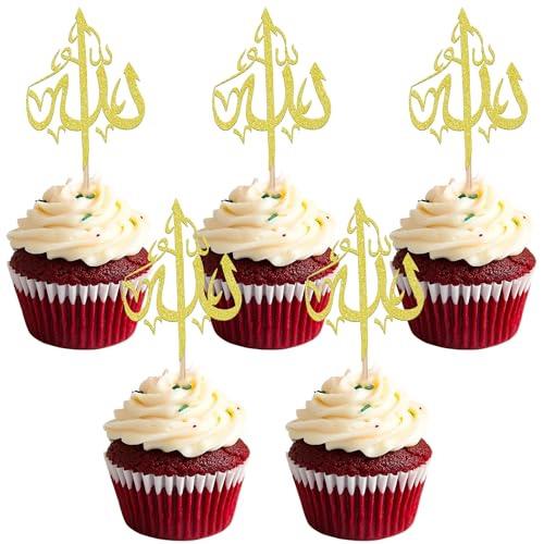 24 PCS Allah Islamic Muslim Symbol Cupcake Toppers Eid Mubarak Cupcake Picks Ramadan Kareem Allah Party Decorations for Islamic Muslim Theme Eid Mubarak Party Cake Decorations Supplies Gold - color: Style 5 Gold