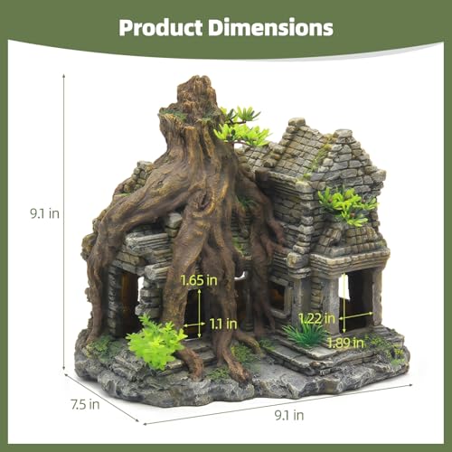 Resin Fish Tank Decoration, 9.1 in Large Aquarium Decoration, Fish Hiding Cave with Ancient Stone Texture, Aquarium Tree Root Ornament, Safe for Salt & Freshwater Fish Tank