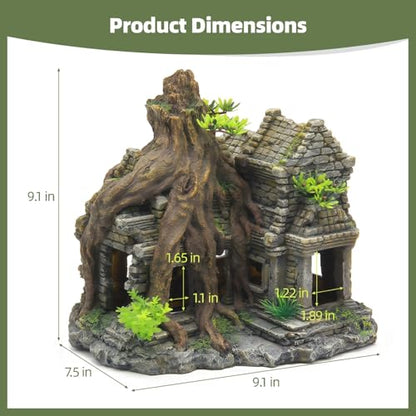 Resin Fish Tank Decoration, 9.1 in Large Aquarium Decoration, Fish Hiding Cave with Ancient Stone Texture, Aquarium Tree Root Ornament, Safe for Salt & Freshwater Fish Tank