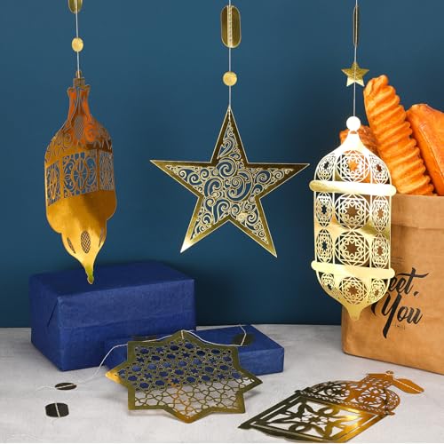 16 Pcs Ramadan Decorations, Ramadan Home Hollow Banner Hanging Moon Stars Lantern Pattern for Birthday Festival Wedding and Party Wall Decor