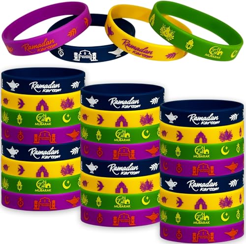 24 Packs Eid Mubarak Silicone Bracelets Party Supplies Mubarak Kareem Motivational Rubber Wristbands for Ramadan Mubarak Themed Party Favors Award Gift