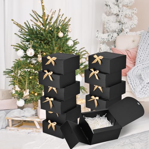 WLUSEAXI 12pack Gift Boxes with Lids,Black Gift Boxes Bulk with Gold Bow Ribbon,Bridesmaid Proposal Box for Presents Kraft Paper Boxes for Wedding,Christmas,Halloween,Baby Shower - color: Black
