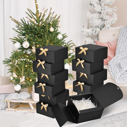 WLUSEAXI 12pack Gift Boxes with Lids,Black Gift Boxes Bulk with Gold Bow Ribbon,Bridesmaid Proposal Box for Presents Kraft Paper Boxes for Wedding,Christmas,Halloween,Baby Shower - color: Black