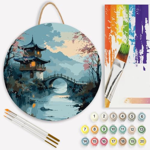Oriental Landscape Paint by Numbers Kit for Adults on Wood Board – DIY Chinese Pavilion with Bridge Wood Craft Painting Kit, 12 in Round, Acrylic Paint Set, Beginner-Friendly,Relaxing Home Decor Gift - color: FM04664