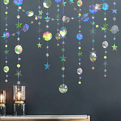 Cheerland Iridescent Party Decorations Holographic Star Garland Hanging Stars Moon Streamer Galaxy Birthday Decorations Ramadan Eid Banner Baby Shower Backdrop Space Alien Celestial Party Decor