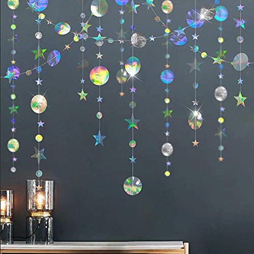 Cheerland Iridescent Party Decorations Holographic Star Garland Hanging Stars Moon Streamer Galaxy Birthday Decorations Ramadan Eid Banner Baby Shower Backdrop Space Alien Celestial Party Decor