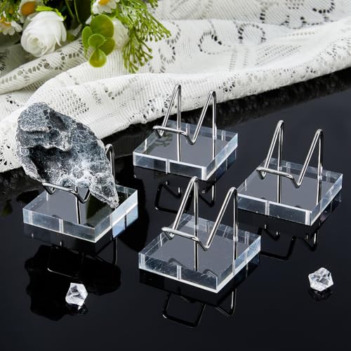 DICOSMETIC 4Pcs Crystal Display Stand Metal Arm Display Stand Acrylic Stainless Steel Easel Stands Stone Rock Holder Metal Displaying Holder with Clear Bases for Gemstone Agate Mineral