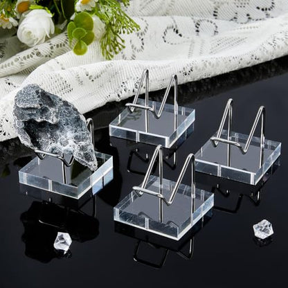 DICOSMETIC 4Pcs Crystal Display Stand Metal Arm Display Stand Acrylic Stainless Steel Easel Stands Stone Rock Holder Metal Displaying Holder with Clear Bases for Gemstone Agate Mineral