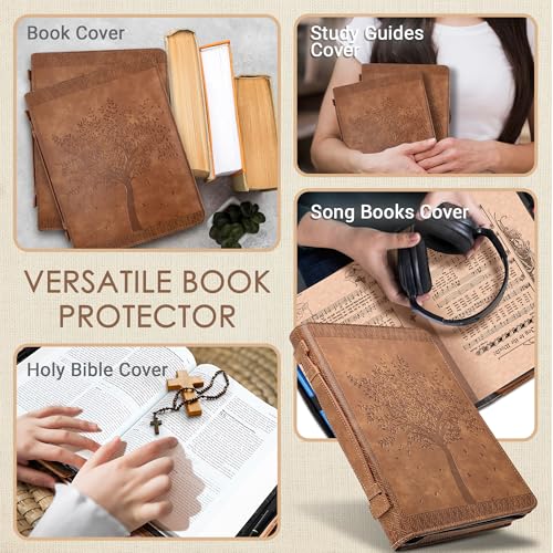 ‘Angel Treasures’ Bible Cover with Engraved Tree of Life Design| Genuine Faux PU Leather Book Protector Case with Handle, Zipper, Pockets & Pen Slots