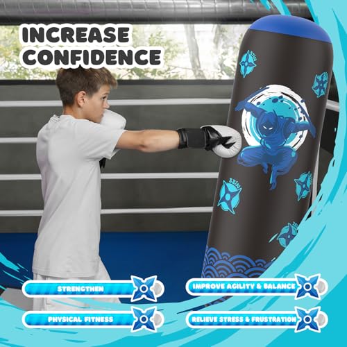 Sunikko X Tall Punching Bag for Kids, Larger 66 Inch Inflatable Stable Boxing Bag for Teens, Ninja Shuriken Toy Gifts for Boys Girls, Boxing Set with Gloves and Pump for Practicing Karate Taekwondo
