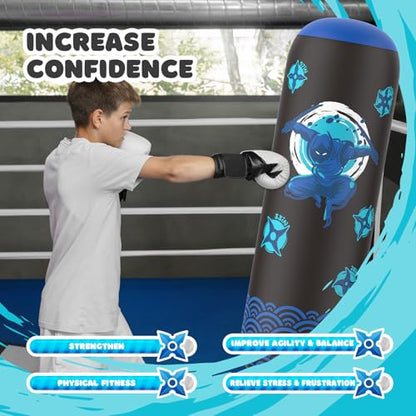 Sunikko X Tall Punching Bag for Kids, Larger 66 Inch Inflatable Stable Boxing Bag for Teens, Ninja Shuriken Toy Gifts for Boys Girls, Boxing Set with Gloves and Pump for Practicing Karate Taekwondo