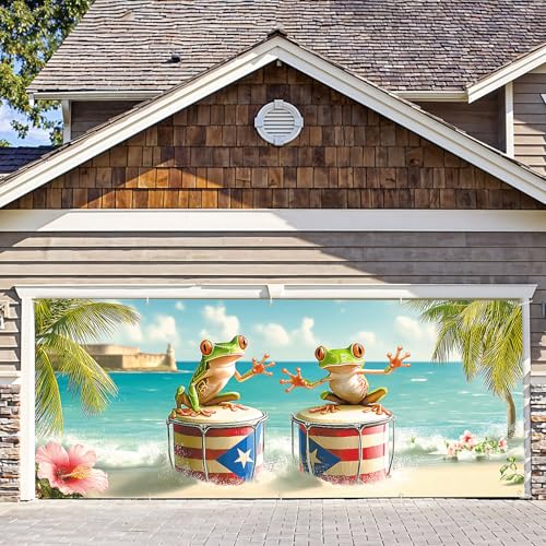7 * 16ft Vibrant Puerto Rico Garage Door Banner, Tropical Island Style Decor Flag, Retro Castle Pattern Photo Backdrop, Cultural Pride Background for Outdoor Festival Holiday Garage Door Decoration - color: Puerto Rico#4, size: 7*16 ft