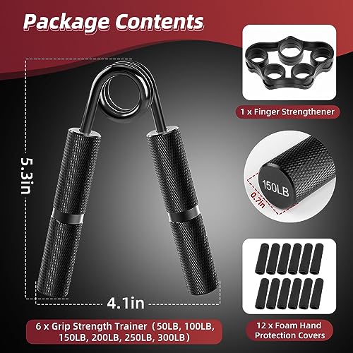 Hand Grip Strengthener Set, 6-Pack 50LB to 300LB Hand Grips Finger Strengthener, Heavy-Duty Grip Strength Trainer with Protective Foam for Forearm Exercise, Hand Gripper, Hand Therapy, Ideal for Home Gym and Muscle Building