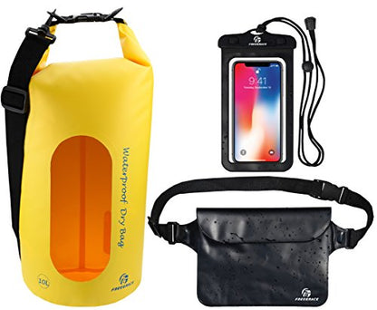 Freegrace Waterproof Dry Bag Set of 3 - Submersible Dry Sack with Double Zip Lock Seals - Includes Waist Pouch & Phone Case - Perfect for Kayaking, Swimming, Boating & Rafting (Yellow(Window), 10L) - color: Yellow, size: 10L, style: Window