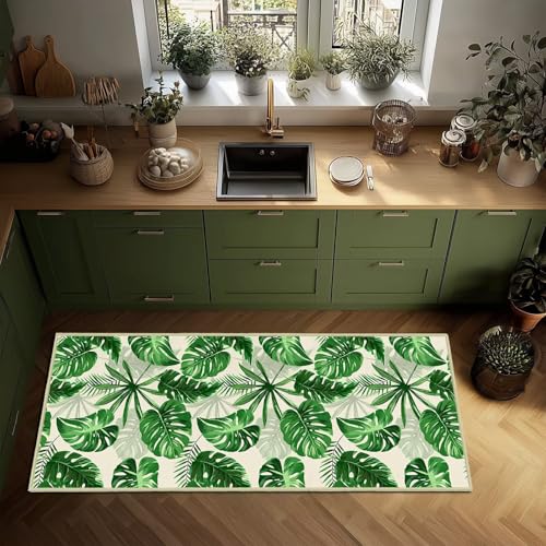 Sage Green Leaf Runners Rug 2x5 for Entryway,Green Leaves Hallway Runner Rugs Plant Botanical Print Kitchen Rug Washable Indoor Door Mat Non Slip Accent Throw Rugs Bedroom Area Carpet for Entry - size: 2'x5'
