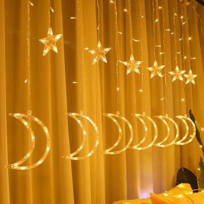 115 LED Curtain String Light Ramadan Star Moon Light 15.7 FT Fairy String Lights USB Powered 8 Modes 6 Hours Timer Indoor Decoration for Ramadan Christmas Home Bedroom Balcony Wall Party Warm White