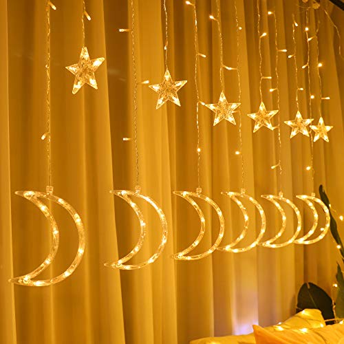 138 Led Curtain String Light Star Moon Icicle Light with 8 Lighting Modes Timer USB Operated Dimmable Fairy String for Window Wall Home Decoration Warm White - size: Moon and Star