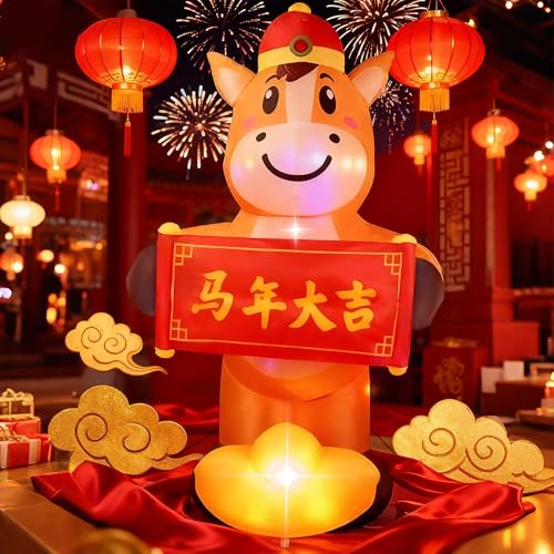 5FT Chinese Horse in Tang Suit Holding Couplet Inflatable Outdoor Decoration, 2026 Year of The Horse Lunar New Year Blow Up Decor with LED Lights for Spring Festival Indoor Party Yard Lawn Garden - style: 5FT Horse Year