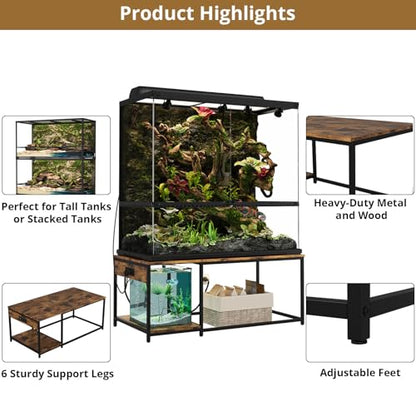4x2x2 Reptile Enclosure Stand – 48"x24" Tall Reptile Tank Stand for 120 Gallon Aquarium Stand, Bearded Dragon Cage, Snake Enclosure & Stackable Terrarium with LED Light (Only the bottom stand) - color: Rustic Brown