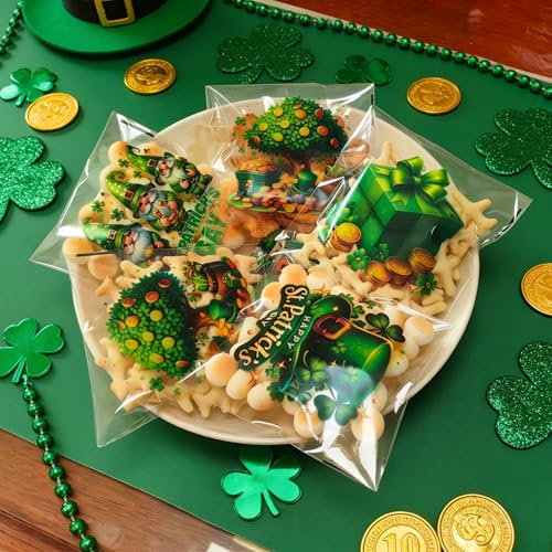 ZYLOP Self-Sealing St. Patricks Cookie Bags – 100PCS 4x4 Inch Green Shamrock Cellophane Treat Candy Goodie Bags, Clear Self-Adhesive Gift Bags for Irish Party, Classroom, Bakery, Holiday Favors - color: St. Patricks 100pcs