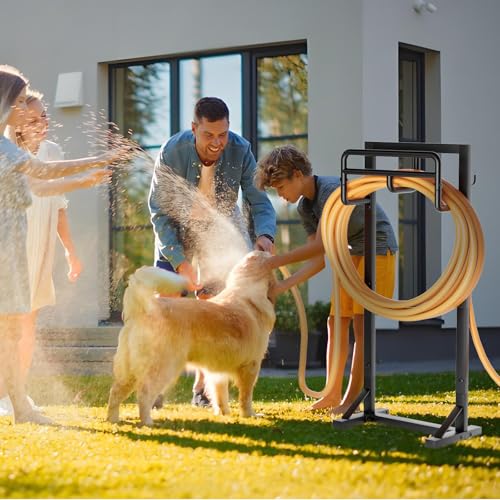 Garden Hose Holder with Stable Base and Tool Hooks, GAVISCITY Heavy-Duty Metal Hose Hanger Garden Hose Storage Holds 151Ft Hose, Rustproof Freestanding Water Hose Holder for Outside, Yard, Lawn, Black - color: Black