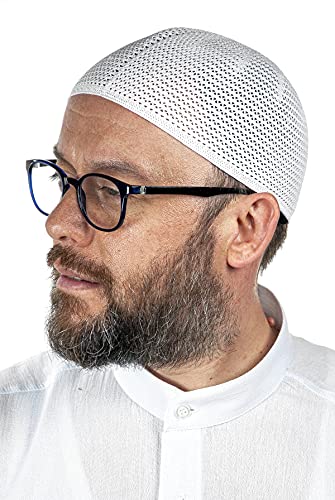 ihvan online Turkish Muslim Premium Knitting Kufi Hats for Men, Taqiya, Takke, Peci, Islamic Caps Gifts, Standart Size - color: White