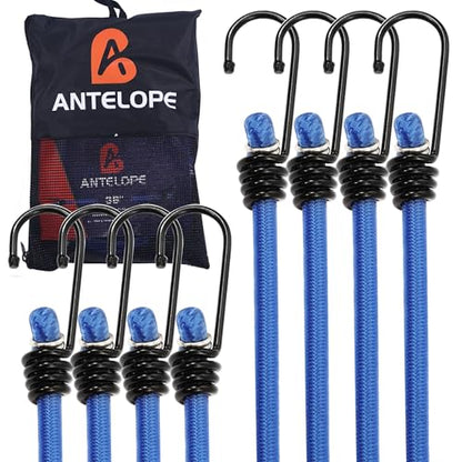 A ANTELOPE 8PK 36" Bungee Cords Premium Heavy Duty Rubber with Hooks (Blue) | Bungee Cords Heavy Duty Outdoor for Outdoor Tent, Luggage Rack, Camping, Cargo, RV, Bicycle, Transportation - style: 36" x 8pcs