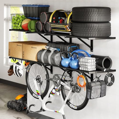 FLEXIMOUNTS 2-Pack 2x6ft Heavy Duty Garage Wall Shelving, 1200lbs Capacity, Garage Shelving Wall Mounted with 8 Hooks, Storage for Power Tools, Garden Supplies, Storage Bins, Lite Series - size: 2pack 2x6ft w/ 8 hooks-1200lbs