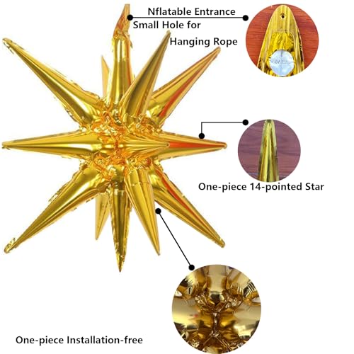 6 Pcs Gold Star Foil Balloons One-Piece 14-Pointed Star Balloon 4D Cone Mylar 22inch Christmas Birthday Wedding Fireworks Shape Party Supplies (Gold) - color: Gold