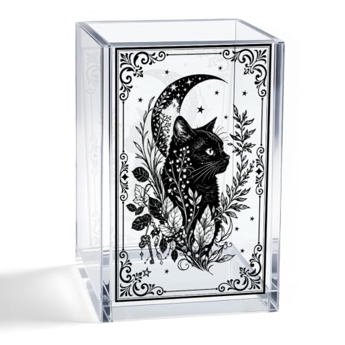 Black Cat Moon Acrylic Pen Holder, Gothic Crescent Moon Botanical Star Key Desk Pencil Cup Organizer,Halloween Office Desk Decor, Witchy Gifts for Women Cat Lover Friend Coworker Sister BFF - color: Clear 8