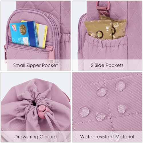 sportsnew 40oz Insulated Crossbody Water Bottle Bag Gym Hiking Phone Pocket | Water-resistant Lining, Padded Strap, Top Handle, Drawstring, Phone Pocket, Elastic Slots, Built-In Key Clip for Gym Walking - color: Quilt Pink